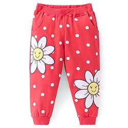 Babyhug French Terry Knit Full Length Lounge Pant with Polka Dots & Floral Print - Red