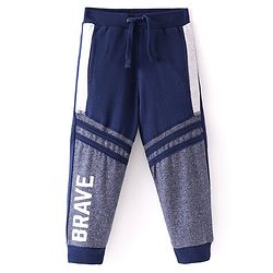Babyhug French Terry Knit Full Length Text Printed Lounge Pant with Cut & Sew Design - Navy Blue
