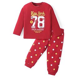 Babyhug Cotton Knit Full Sleeves Night Suit With Text Print - Brown