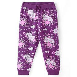 Babyhug Cotton Knit Full Length Lounge Pants With Floral Print - Purple
