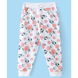 Babyhug Terry Knit Full Length Lounge Pant with Floral Print - White