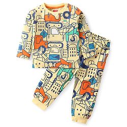 Babyhug Cotton Knit Full Sleeves Night Suit with Vehicle Print - Yellow