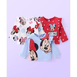 Babyhug Disney Cotton Knit  Full Sleeves Top with Minnie Mouse Graphics & Frill Detailing Pack of 3 - Red White & Blue
