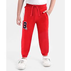 Babyhug Cotton Knit Full Length Lounge Pants With Football Embroidery - Red