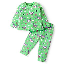 Babyhug Cotton Knit Full Sleeves Night Suit Butterfly Print - Light Green