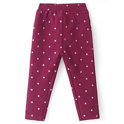 Babyhug French Terry Knit Full Length Stretchable Jeggings with Polka Dot Print - Maroon