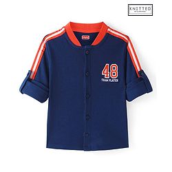 Babyhug Cotton Knit Full Sleeves Rib Collar Solid Shirt with Number Embroidery - Navy Blue