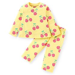 Babyhug Cotton Knit Full Sleeves Night Suit With Cherry Print - Yellow
