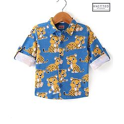Babyhug Cotton Knit Full Sleeves Regular Collar Shirt with Cub Print - Navy Blue
