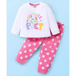 Babyhug Cotton Knit Full Sleeves Night Suit with Polka Dot Print - White & Pink