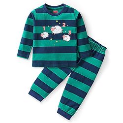 Babyhug Cotton Knit Full Sleeves Night Suit with Sheep Print - Blue & Green