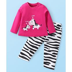 Babyhug Cotton Knit Full Sleeves Night Suit with Zebra Print - Pink & White