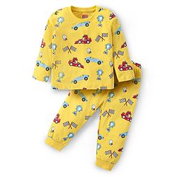 Babyhug Cotton Knit Full Sleeves Night Suit with Racing Car Print - Yellow