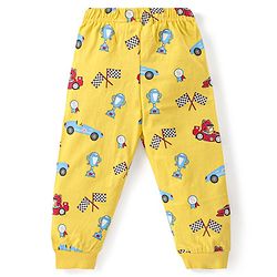 Babyhug Cotton Knit Full Sleeves Night Suit with Racing Car Print - Yellow