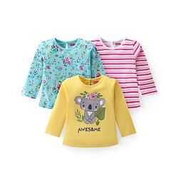 Babyhug Cotton Knit Full Sleeves Top with Koala & Floral Print Pack of 3 - Multicolor