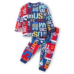 Babyhug Cotton Knit Full Sleeves Night Suit with Text Print - Multicolor