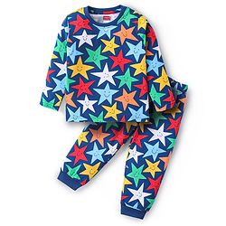 Babyhug Cotton Knit Full Sleeves Night Suit With Star Print - Navy Blue