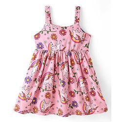 Babyhug Cotton Knit  Sleeveless Frock with Bow Applique & Floral Print - Pink