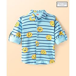Babyhug Cotton Pique Textured Knit Full Sleeves Striped Shirt With Emojis Print - Light Blue