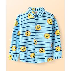 Babyhug Cotton Pique Textured Knit Full Sleeves Striped Shirt With Emojis Print - Light Blue