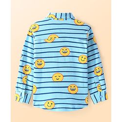 Babyhug Cotton Pique Textured Knit Full Sleeves Striped Shirt With Emojis Print - Light Blue