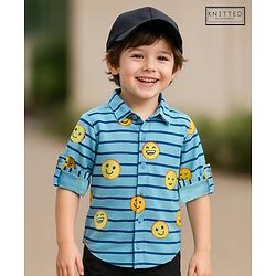 Babyhug Cotton Pique Textured Knit Full Sleeves Striped Shirt With Emojis Print - Light Blue