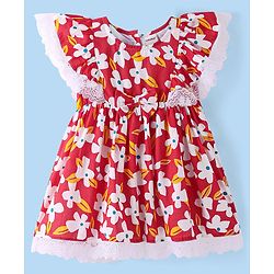 Babyhug Cotton Woven Frill Sleeves Frock With Lace Detailing Floral Print & Bow Applique- Multicolor
