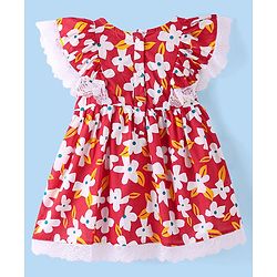 Babyhug Cotton Woven Frill Sleeves Frock With Lace Detailing Floral Print & Bow Applique- Multicolor
