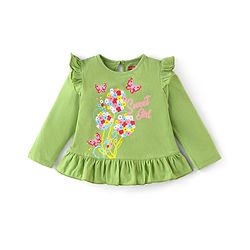 Babyhug 100% Cotton Knit Full Sleeves Top with Floral Grapics & Frill Detailing - Green