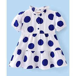Babyhug 100% Cotton Woven Half Sleeves  Tiered Frock with Boby Print - White & Blue