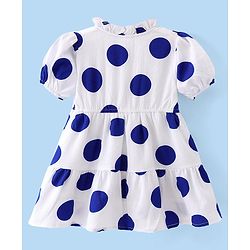 Babyhug 100% Cotton Woven Half Sleeves  Tiered Frock with Boby Print - White & Blue