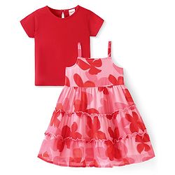 Babyhug Cotton Knit Half Sleeves Tiered Floral Printed Frock with Inner T-Shirt - Red