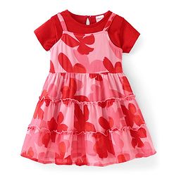 Babyhug Cotton Knit Half Sleeves Tiered Floral Printed Frock with Inner T-Shirt - Red