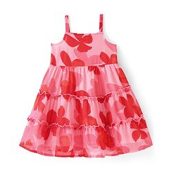 Babyhug Cotton Knit Half Sleeves Tiered Floral Printed Frock with Inner T-Shirt - Red