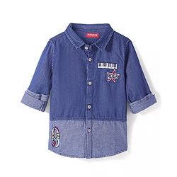 Babyhug Cotton Woven Full Sleeves Regular Collar Washed Denim Shirt with Ear Phone Embroiderey- Blue