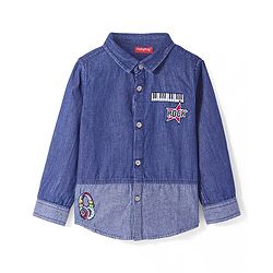 Babyhug Cotton Woven Full Sleeves Regular Collar Washed Denim Shirt with Ear Phone Embroiderey- Blue