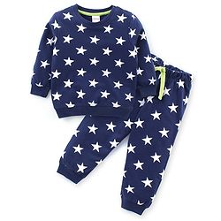 Babyhug Cotton Knit Full Sleeves Night Suit With Star Print - Navy Blue