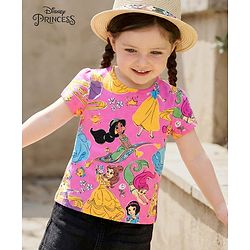 Babyhug Disney Single Jersey Knit Half Sleeves T-Shirt with Disney Princess Print -Pink