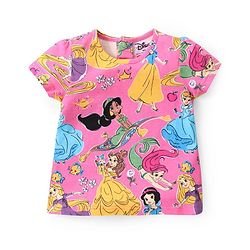 Babyhug Disney Single Jersey Knit Half Sleeves T-Shirt with Disney Princess Print -Pink