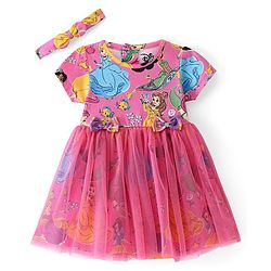 Babyhug Disney Cotton Knit Half Sleeves Mesh Overlay Princess Printed Frock With Bow & Headband - Pink