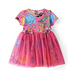 Babyhug Disney Cotton Knit Half Sleeves Mesh Overlay Princess Printed Frock With Bow & Headband - Pink