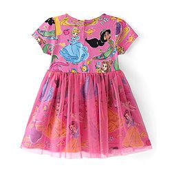 Babyhug Disney Cotton Knit Half Sleeves Mesh Overlay Princess Printed Frock With Bow & Headband - Pink