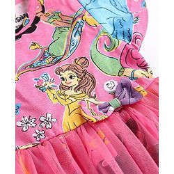 Babyhug Disney Cotton Knit Half Sleeves Mesh Overlay Princess Printed Frock With Bow & Headband - Pink