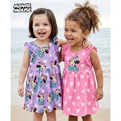 Babyhug Disney Cotton Knit Sleeveless Frocks with Minnie Mouse Graphic & Frill Detailing  Pack of 2 - Purple & Pink