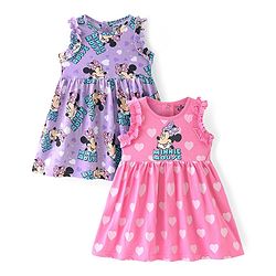 Babyhug Disney Cotton Knit Sleeveless Frocks with Minnie Mouse Graphic & Frill Detailing  Pack of 2 - Purple & Pink