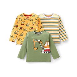 Babyhug Cotton Knit Full Sleeves T-Shirt With Stripes & Construction Vehicles Print Pack Of 3 - Multicolor