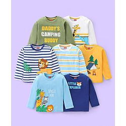 Babyhug 100% Cotton Knit Full Sleeves Striped T-Shirt With Wild Animals Print Pack of 7 - Multicolour