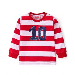 Babyhug Cotton Knit Full Sleeves T-Shirt with Number Embroidery & Stripe Print - Red & White