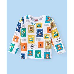 Babyhug Cotton Knit Full Sleeves T-Shirt With Stamp Print - White