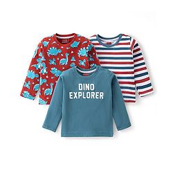 Babyhug Cotton Knit Full Sleeves T-Shirt with Dino & Striped Print Pack of 3 - Multicolor